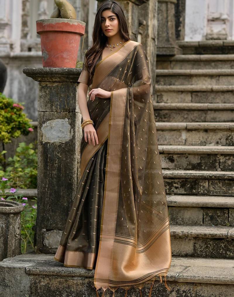 brown woven design zari silk blend saree