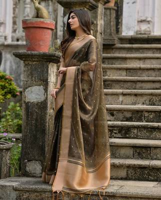 brown woven design zari silk blend saree 2