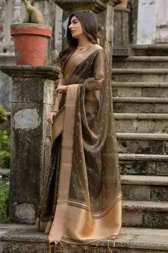brown woven design zari silk blend saree