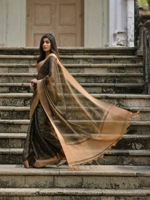 brown woven design zari silk blend saree 3