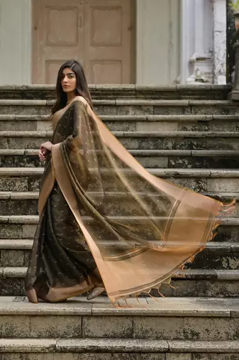 brown woven design zari silk blend saree