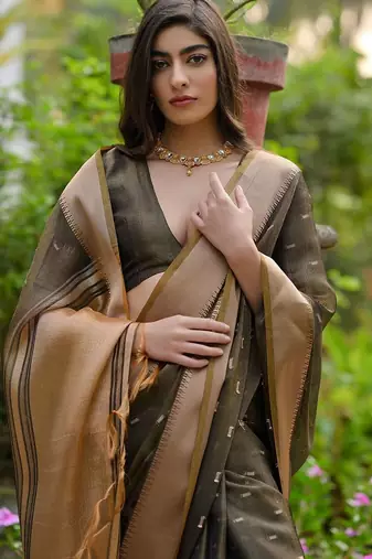 brown woven design zari silk blend saree