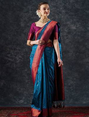 blue woven design zari silk blend banarasi saree 1