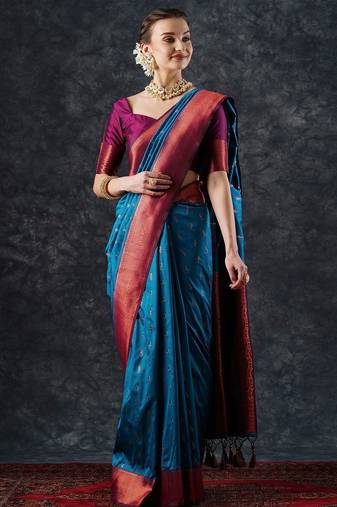blue woven design zari silk blend banarasi saree