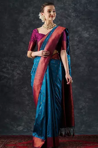blue woven design zari silk blend banarasi saree