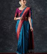 blue woven design zari silk blend banarasi saree