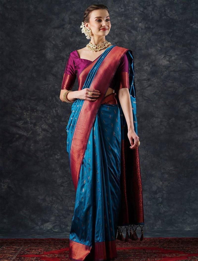 blue woven design zari silk blend banarasi saree