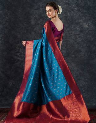 blue woven design zari silk blend banarasi saree 2