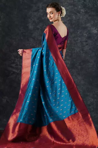 blue woven design zari silk blend banarasi saree