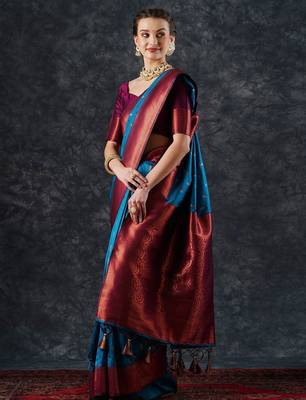 blue woven design zari silk blend banarasi saree 3