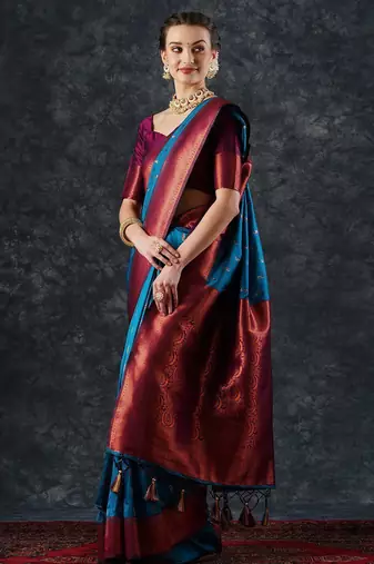 blue woven design zari silk blend banarasi saree