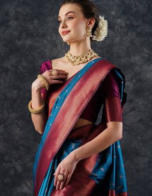blue woven design zari silk blend banarasi saree 4