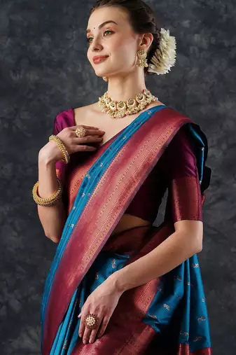 blue woven design zari silk blend banarasi saree