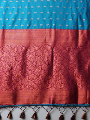 blue woven design zari silk blend banarasi saree 5