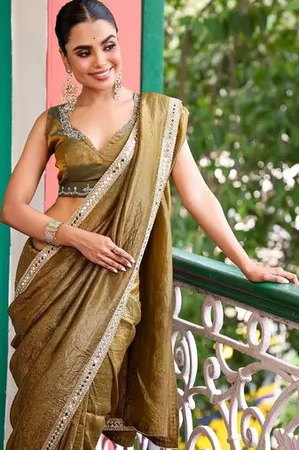 olive embellished mirror work tissue heavy work saree