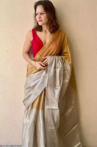 beige tissue designer kasavu saree