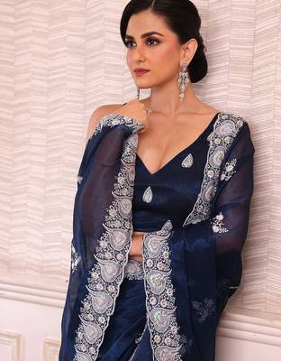 teal floral embroidered sequined pure chiffon saree 1
