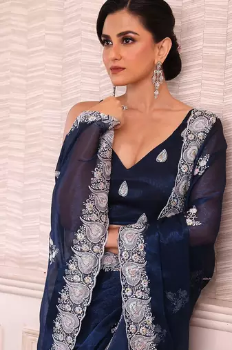 teal floral embroidered sequined pure chiffon saree