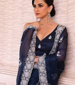 teal floral embroidered sequined pure chiffon saree
