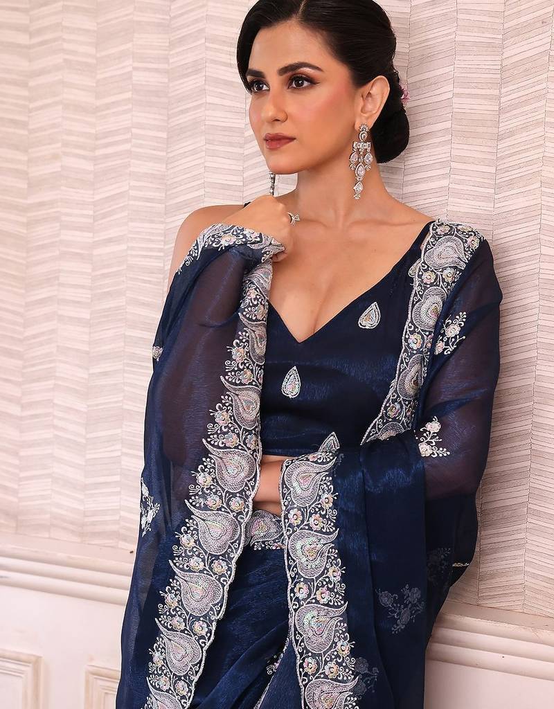 teal floral embroidered sequined pure chiffon saree