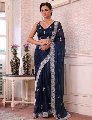 teal floral embroidered sequined pure chiffon saree 2