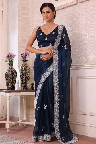 teal floral embroidered sequined pure chiffon saree