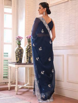 teal floral embroidered sequined pure chiffon saree 4