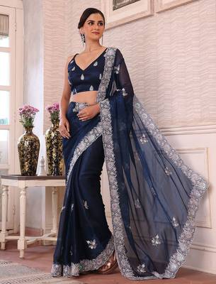 teal floral embroidered sequined pure chiffon saree 5