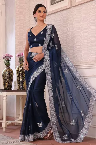 teal floral embroidered sequined pure chiffon saree