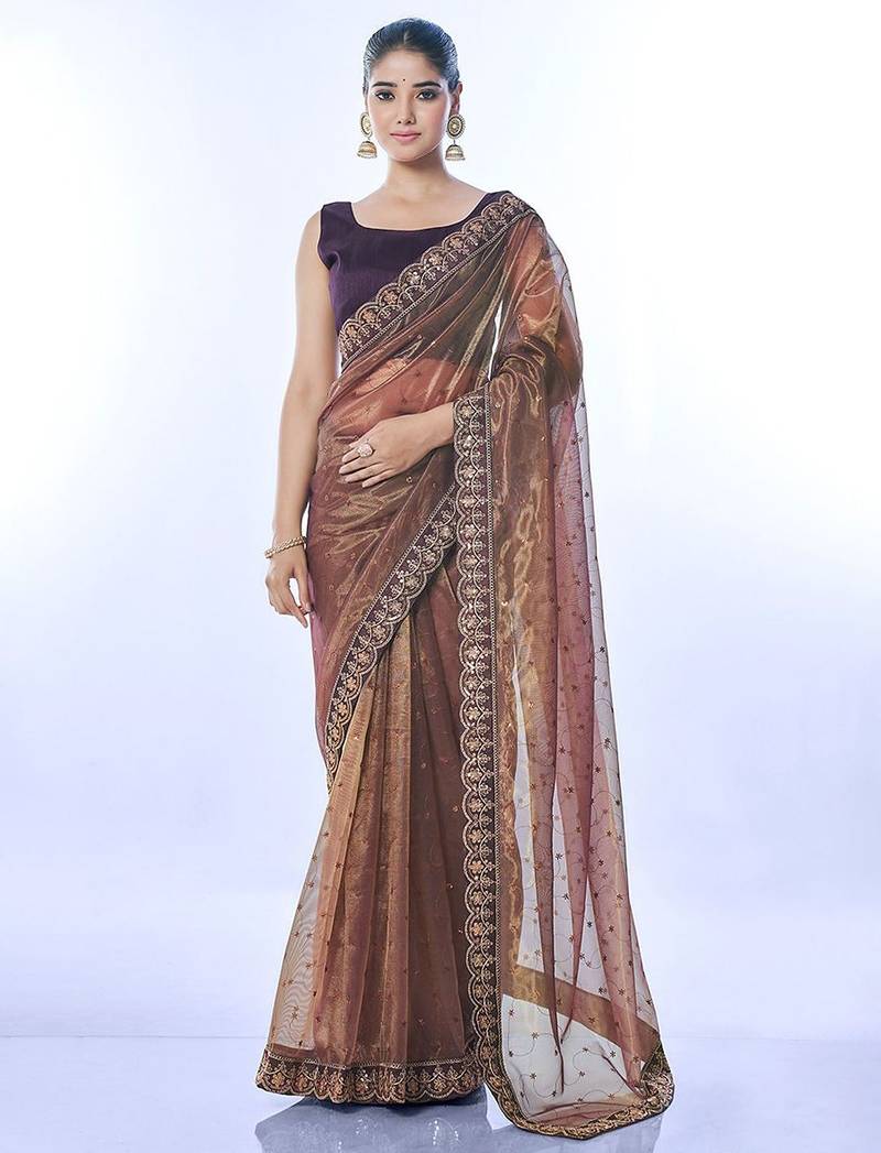 copper embellished sequinned net saree