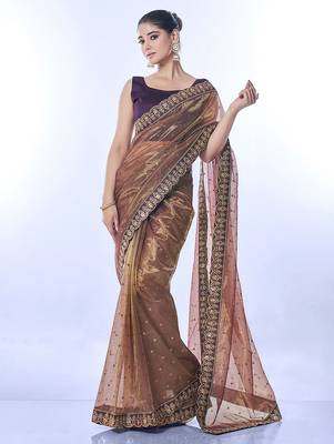 copper embellished sequinned net saree 2