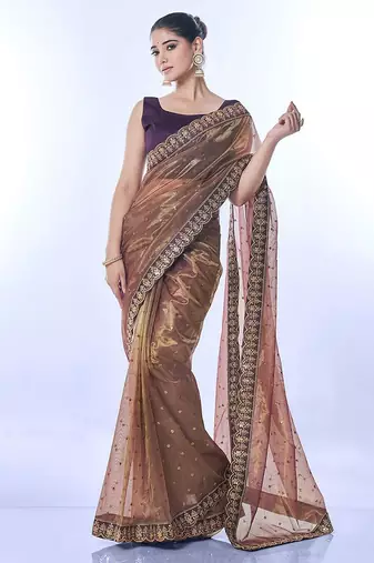 copper embellished sequinned net saree