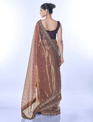 copper embellished sequinned net saree 3