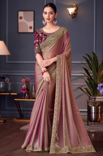 purple embellished aari work pure chiffon heavy work saree