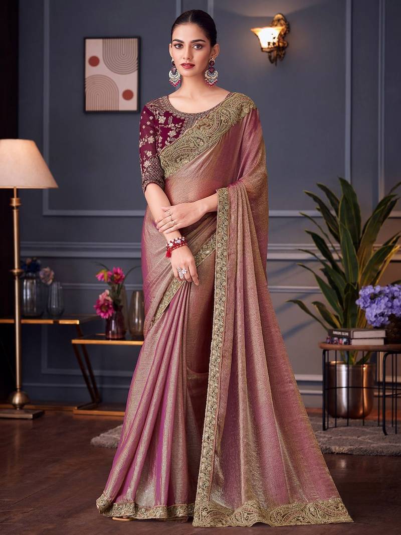 purple embellished aari work pure chiffon heavy work saree