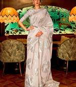 cream cream-coloured & silver-toned floral silk blend muga saree