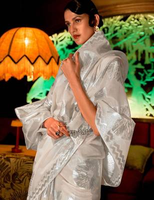 cream cream-coloured & silver-toned floral silk blend muga saree 2