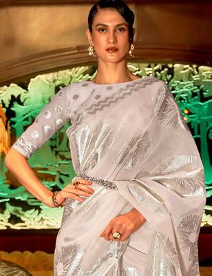 cream cream-coloured & silver-toned floral silk blend muga saree 3