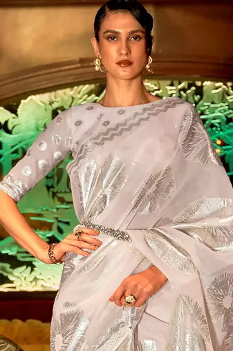 cream cream-coloured & silver-toned floral silk blend muga saree