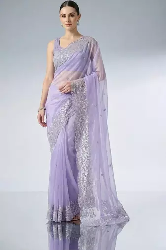 lavender embroidered work net unstitched blouse piece & sarees