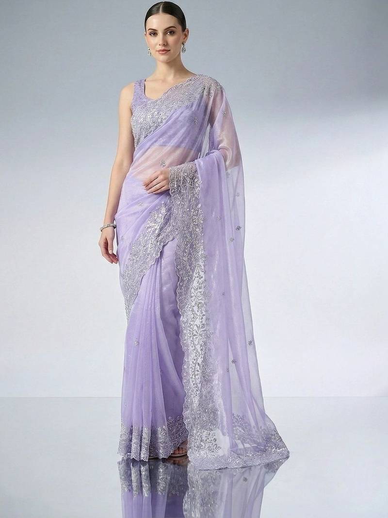 lavender embroidered work net unstitched blouse piece & sarees