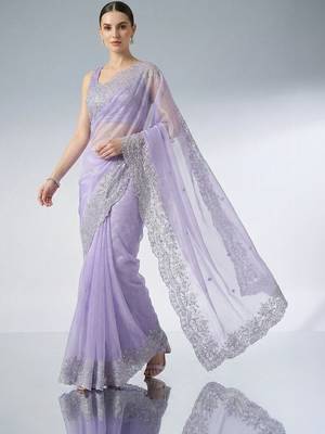 lavender embroidered work net unstitched blouse piece & sarees 2