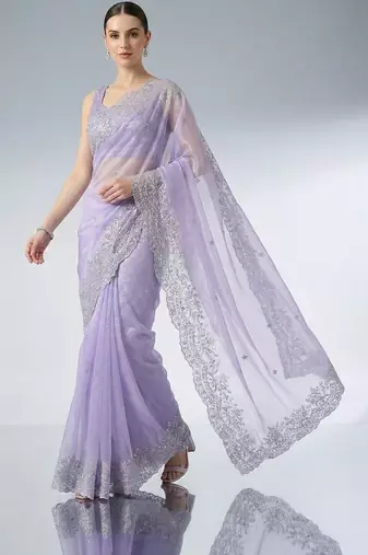 lavender embroidered work net unstitched blouse piece & sarees