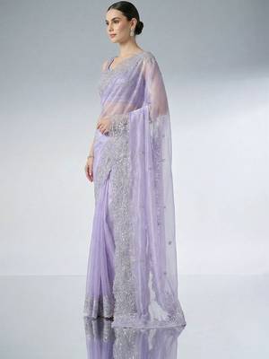 lavender embroidered work net unstitched blouse piece & sarees 3