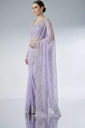 lavender embroidered work net unstitched blouse piece & sarees