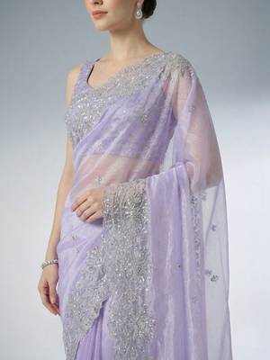 lavender embroidered work net unstitched blouse piece & sarees 4