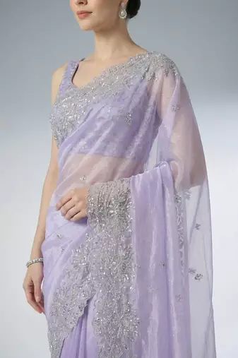 lavender embroidered work net unstitched blouse piece & sarees
