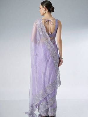 lavender embroidered work net unstitched blouse piece & sarees 5