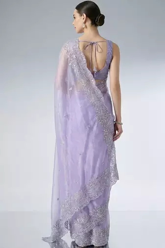 lavender embroidered work net unstitched blouse piece & sarees