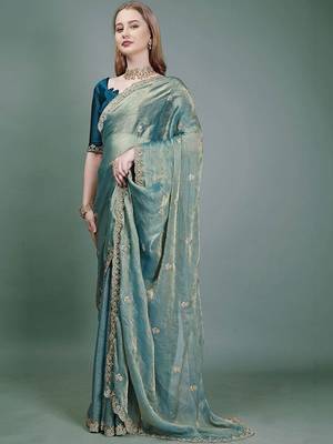 teal embellished embroidered organza heavy work mysore silk saree 1